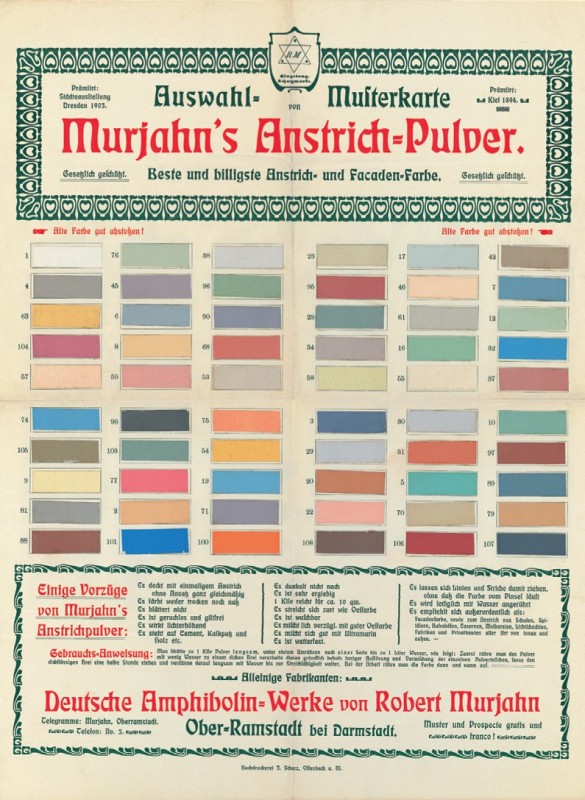 Dostępne kolory „proszku malarskiego” – pierwszej farby fasadowej DAW.