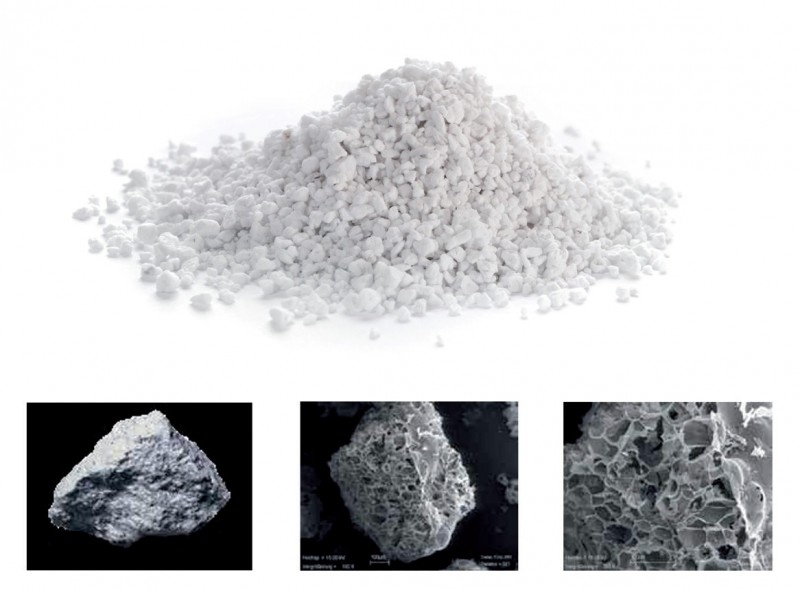 Struktura cząsteczkowa
skały perlitowej widziana
pod mikroskopem,
na której wyraźnie widać
otwarte pory