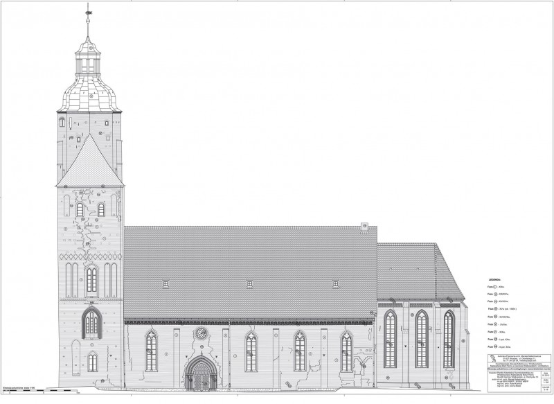 Elewacja południowa
(rozwarstwienie murów
naniesione na projekt
rewaloryzacji).
Oprac.: M. Małachowicz,
R. Karnicki